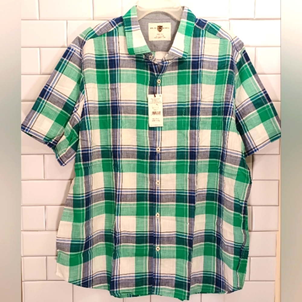 Black Brown 1826 Cotton Plaid Short Sleeve  Plaid Shirt Blue/ Green XXL